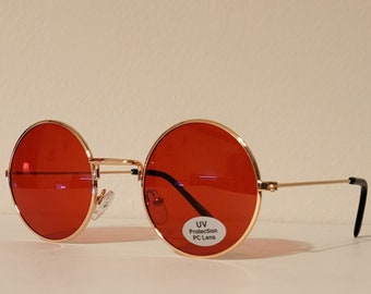 Vintage Round Teashade Sunglasses // Gold Metal Frames with - Blue Lens - Red Lens - Purple Lens  // Hippie Cat-eye steam punk NOS