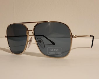 Vintage gouden pilotenzonnebril blauwe tint gepolariseerde glazen lenzen | Retro vierkante pilotengordijnen | Uniseks bril jaren 70/80