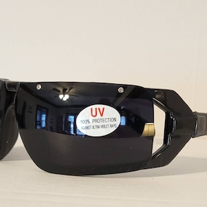 Vintage Blade Sunglasses // Glossy Black Frames // Half rimless Frames // Dark tint lenses // Retro Shades // rave VTG