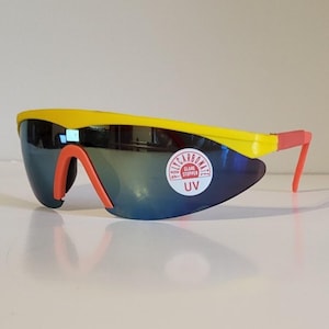 Vintage Sports Sunglasses // mirror Lenses // Yellow and Orange Frames // big shield sunglasses // classic party racing beach summer