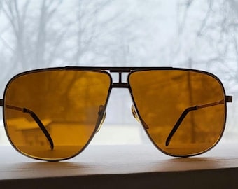 Vintage Double Bridge Aviator Sunglasses // Yellow - Green tint Blue Blocker Driving Lenses // Gold metal frames // 80s + 90s