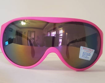 Vintage Sports Sunglasses// Big Shield Sunglasses // Sports Goggles // Racing shades // Neon Pink Frames // Retro Rave music festivals