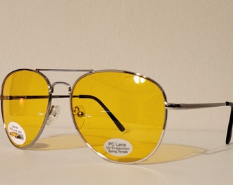 Vintage Aviator Sunglasses // Silver Metal Frames // Clear yellow lenses // summer aviator shades // retro beach summer // night racing