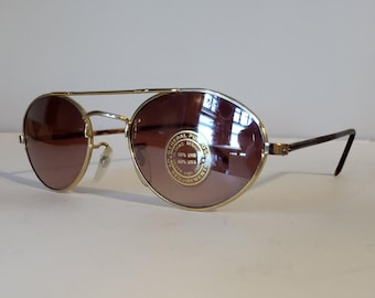 Vintage Gold Oval Sunglasses Brown Tint Lenses Deadstock 90s Wire Frame Retro Shades