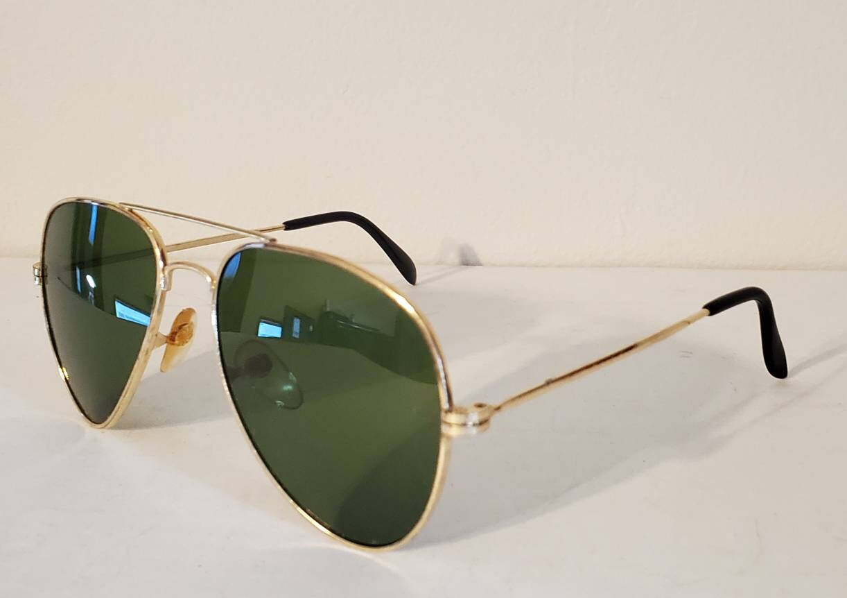 Vintage Double Bridge Aviators Sunglasses // Gold Frames // Green