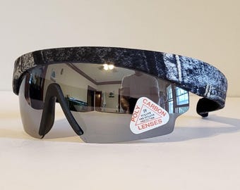 Vintage Sports Shield Sunglasses // Cloth Denim Jeans Frames // Mirror Lens // Biker Racing Festival Rave summer // Retro Shades