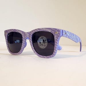 Vintage Wayfarer Sunglasses // Glossy Purple Frames w/ fun writing // Gradient Lens Retro Shades // rave VTG scales 70s 80s 90s