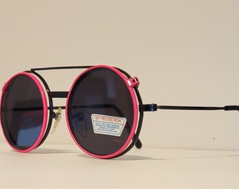 Vintage Neon Pink Flip Up Round Sunglasses | Retro Steampunk Glasses | 90s Festival Rave Eyewear | Goth Cosplay Sunglasses