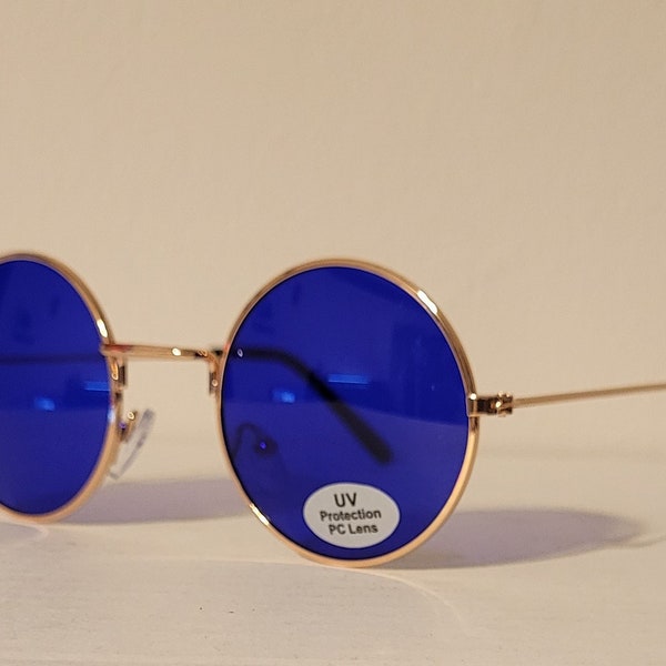 Vintage Round Teashade Sunglasses // Gold Metal Frames with - Blue Lens - Red Lens - Purple Lens  // Hippie Cat-eye steam punk NOS