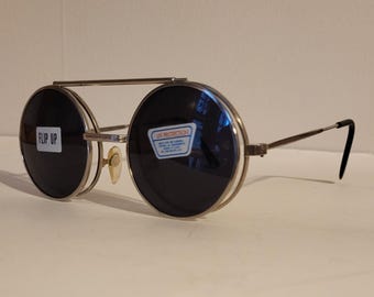 Vintage Flip Up Round Sunglasses Black Lens Steampunk John Lennon Style Glasses