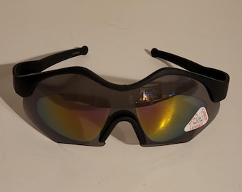 Vintage Sports Sunglasses // Uni-lens Rainbow Mirror Lenses // Black Frames Alien Bug Theme Costume // big shield sunglasses // Goggles