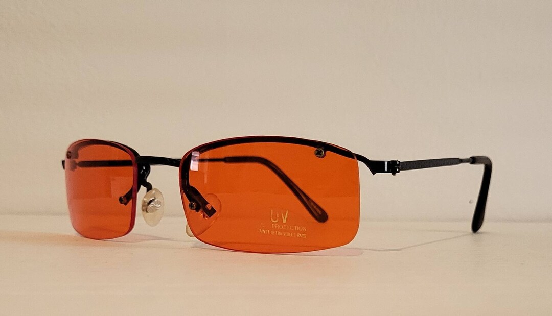 Vintage Sunglasses // Narrow Rectangular Black Metal Frames // Orange