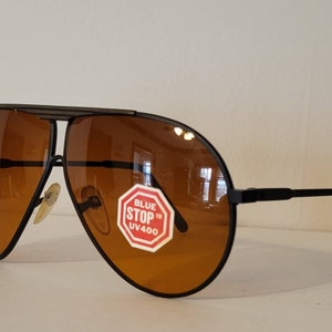 Vintage Aviator Sunglasses // Blue Blocker lenses // Sleek Black Metal Frame with Sharp brow decal // 90s glasses summer sunglasses VTG NOS