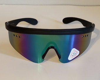 Vintage Sports Sunglasses // Blade Shades from 80s/90s // Black Padded Brow - Rimless // Skiing Snowboarding / Motorcycle Festival Rave