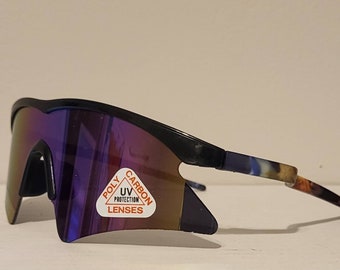 Vintage Big Shield sportliche Sonnenbrille // Zick Zack Rahmen mit floralem + farbenfrohem Design // Randlose Brille // Retro Rave VTG // Blade Biker NOS