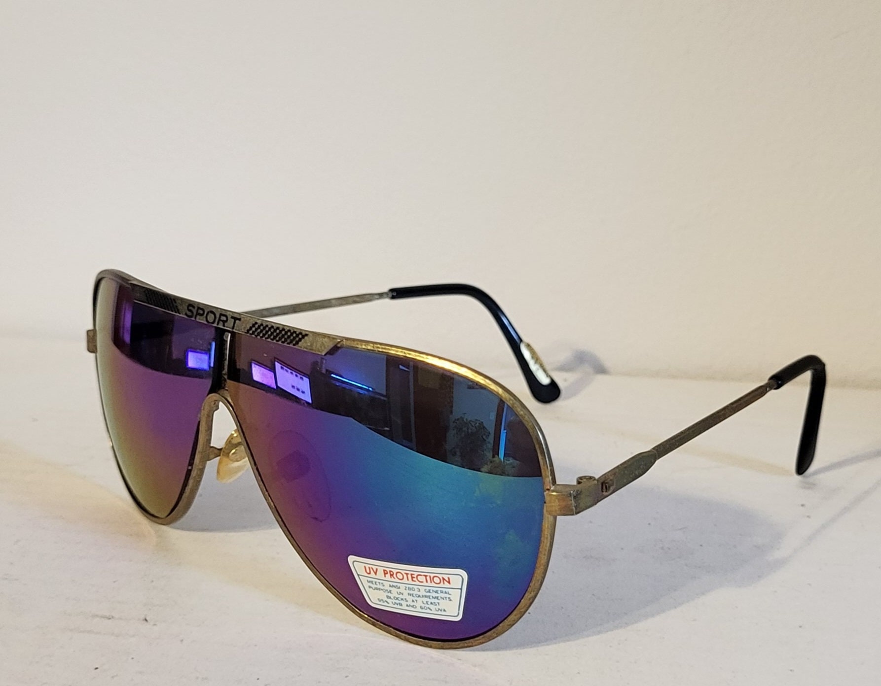 80\'s Vintage GENUINE MAURITIUS BLUE Teardrop Aviator Sunglasses BOUTIQUE EXPORT Vintage Teardrop Aviator Sunglasses // Rainbow Ocean Mirror  main image 2