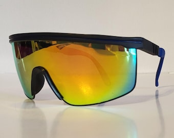 Vintage Sports Sunglasses // Gold Rainbow Lenses // Black and Blue Frames // Big Shield Sunglasses// Festival / Skiing / Snowboarding