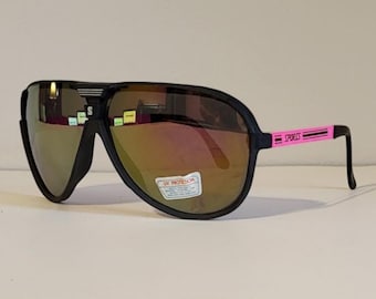 Vintage Aviator Sunglasses // Black Rubber frames, Neon Pink Metal legs // gold tint mirror lens // Racing 90s sunglasses VTG NOS Sports