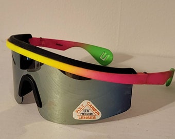 Vintage Sports Sunglasses // Blade Shades from 80s - 90s // Multicolor colorful sports shades // Festival Rave Party Glasses // NOS retro