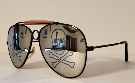 Vintage Double Bridge Aviator Sunglasses Full Mirror Lens With Jolly Roger Decal Black Metal Frames 80s 90s Glasses VTG NOS Etsy