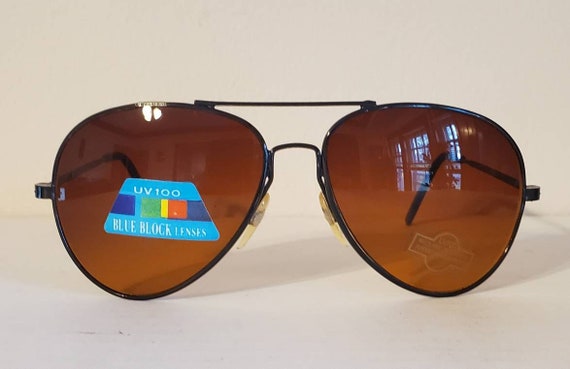 Vintage Double Bridge Aviator Sunglasses // Blue Blocker Lenses // Sleek Glossy Black Metal Frames // 80s & 90s Glasses // Driving Vtg