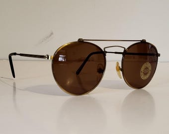 Vintage Round Aviator Sunglasses // Bronze - Brass Toned Metal Frames // Brown Lenses // 80s-90s Style Shades