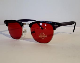 Vintage Clubmaster solglasögon med röda linser, retro bruna UV-glasögon, Y2K, unisexglasögon
