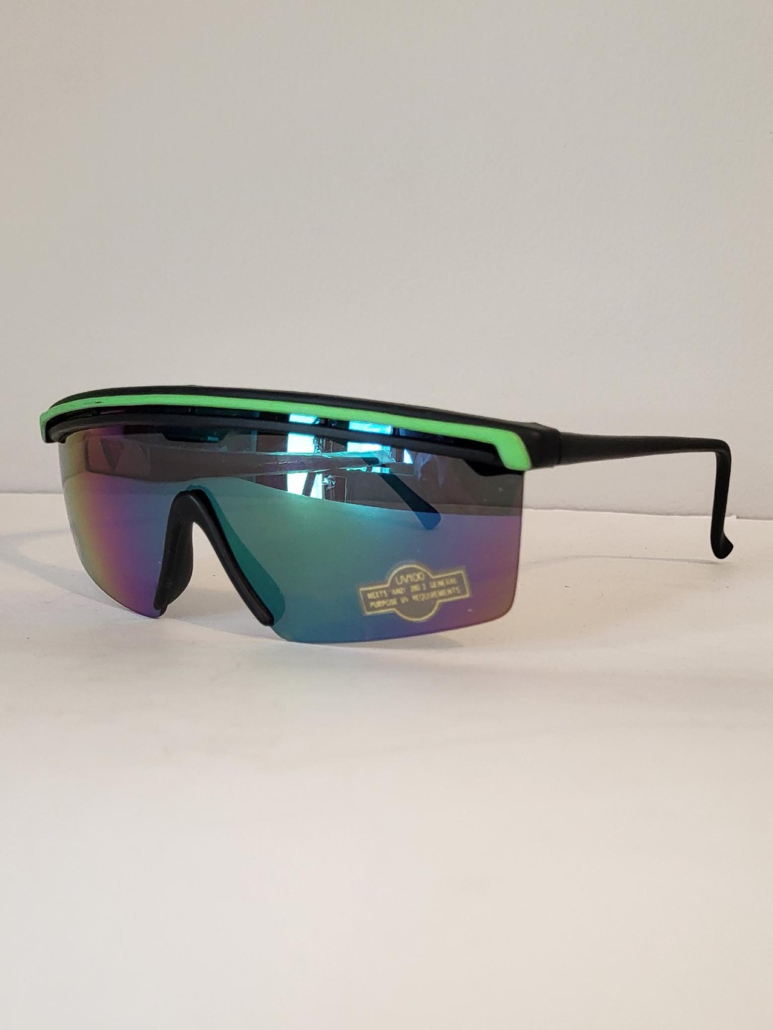 Retro Futuristic Shield Sunglasses Neon Green Rainbow Lens 