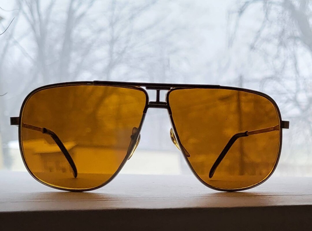 Vintage Double Bridge Aviator Sunglasses // Yellow - Green Tint Blue ...