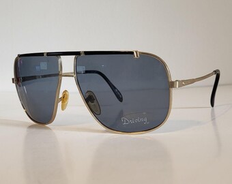Vintage Square Double Bridge Aviator Sunglasses // Blue Tint Driving Lenses // Gold Metal Frames w Black Brow // 80s & 90s glasses