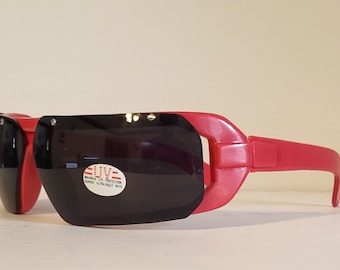 Vintage Blade Sunglasses // Bright Red Frames // Half rimless Frames // Super dark black tint lenses // Retro Shades // rave VTG