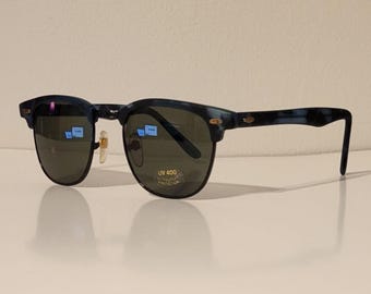 Vintage Clubmaster Browline Sunglasses // Semi Matte Green/Blue Tortoise Shell // Classic Sunglasses // Beach Shades // VTG NOS Retro