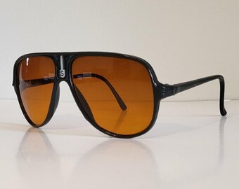 Vintage Black Sunglasses with Amber Lenses Retro Pilots Flat Top Mat Black Frame Blue Light Blocking  main image 3