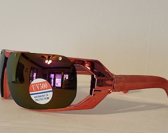 Vintage Blade Sunglasses // Bright Glossy Red Frames // Half rimless Frames // Rainbow tint reflective lenses // Retro Shades // rave VTG