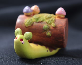 Log Snail /// miniature figurine sculpture mushroom moss