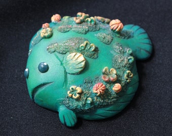 Clover Flounder (Blue Green) /// fish flower miniature sculpture figurine