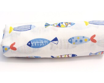 DIY Baby Swaddle Blanket/Muslin Wrap/100% Cotton/Fish Print/Blanket Kit/Ready to Sew/Baby Wrap/Ready to Ship/Do It Yourself/
