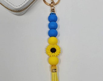 Ukraine Sunflower Keychain Silicone Bead Keys Car Accessories Keyring Mom Gift Purse Luggage Diaper Bag Backpack Blue & Yellow Peace Spring