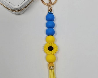 Ukraine Sunflower Keychain: Blue and Yellow Silicone Bead Keyring