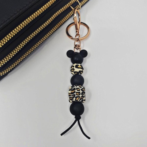 Cheetah Black Mouse Keychain Silicone Bead Keys Animal Car Accessories Keyring Mama Gift Purse Luggage Diaper Bag Backpack Charm Winter Wife