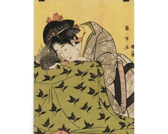 Japanese Hedgehog Art Poster: Utagawa Kunimasa's 1803 "Woman with Hedgehog"  Ukiyo-e Style Hedgehog Art Poster