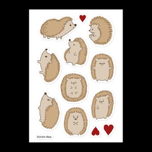 May include: A sheet of stickers featuring nine adorable cartoon hedgehogs in various poses, with two red hearts. The stickers are perfect for adding a touch of whimsy to journals, laptops, water bottles, and more.
