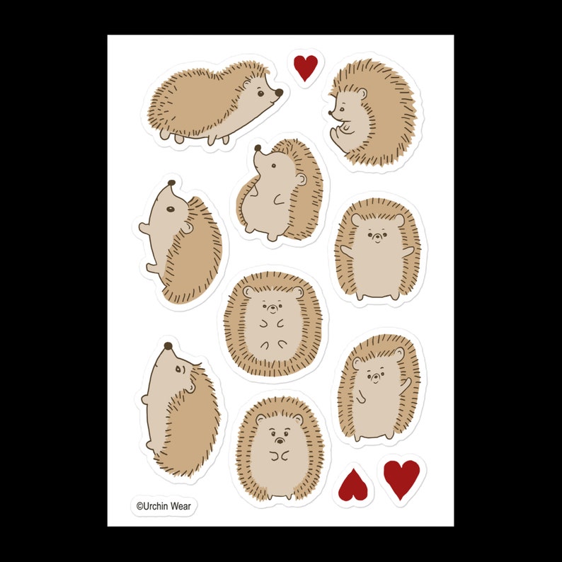 May include: A sheet of stickers featuring nine adorable cartoon hedgehogs in various poses, with two red hearts. The stickers are perfect for adding a touch of whimsy to journals, laptops, water bottles, and more.