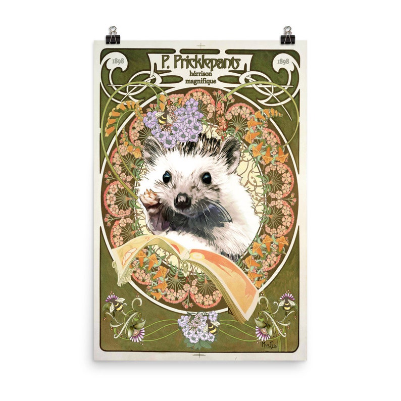 May include: A vintage-style poster featuring a hedgehog with a book in a decorative floral frame. The poster is titled "P. Prickpants, herisson magnifique" and includes the year 1898.
