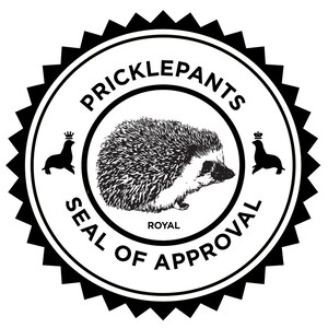 May include: Black and white seal of approval with the text "Pricklepants Seal of Approval" and a hedgehog in the center. The text "Royal" is below the hedgehog.