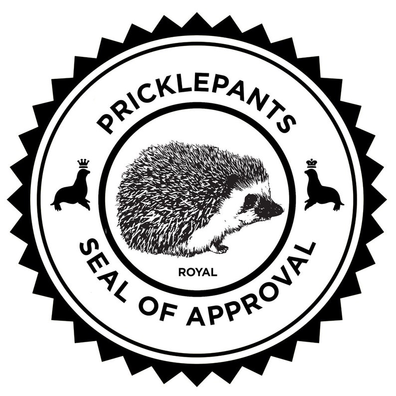 May include: Black and white seal of approval with the text "Pricklepants Seal of Approval" and a hedgehog in the center. The text "Royal" is below the hedgehog.