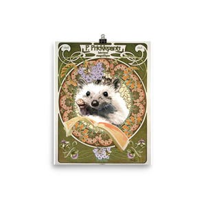 May include: A vintage-style poster featuring a hedgehog with a book in a green, orange, and purple floral design. The poster reads "P. Pricklepants, herisson magnifique".