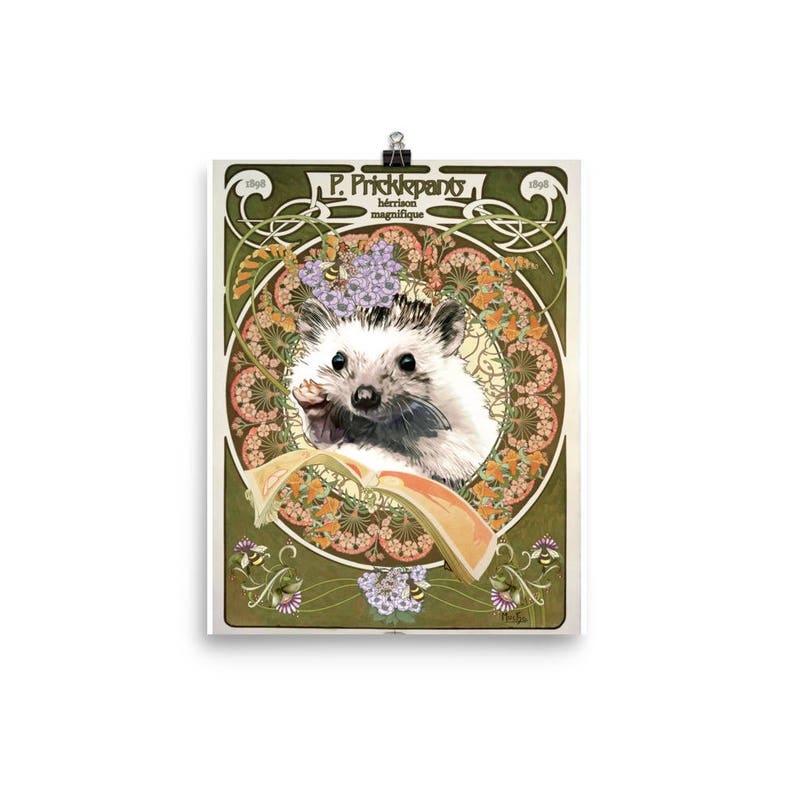 May include: A vintage-style poster featuring a hedgehog with a book in a green, orange, and purple floral design. The poster reads "P. Pricklepants, herisson magnifique".