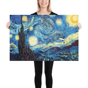 May include: A vibrant blue and yellow painting of a starry night sky with a swirling, brushstroke effect. The painting features a large, bright yellow moon and several stars. The bottom of the painting shows a dark silhouette of a town with trees and a church steeple.