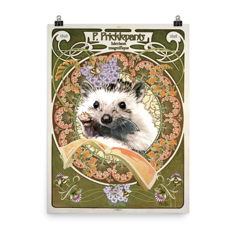 May include: A vintage-style poster featuring a hedgehog with a book in a floral frame. The poster is titled "P. Pricklepants, herisson magnifique" and includes the years 1898.